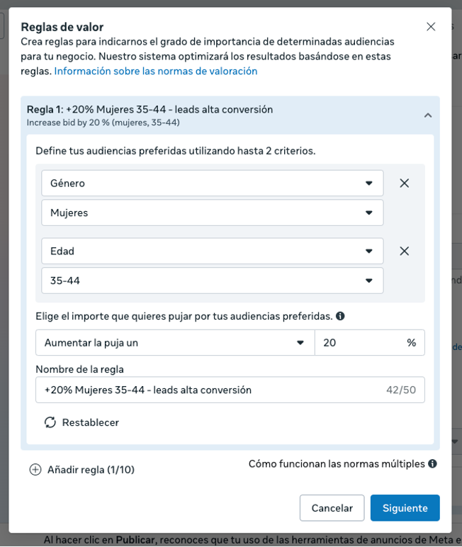 Reglas de Valor Eficiencia de Puja
